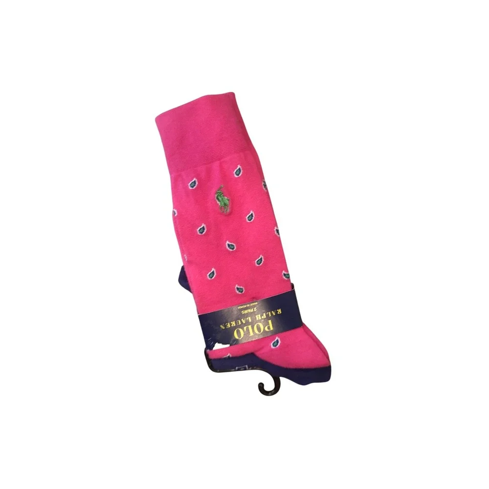 Polo Ralph Lauren Socks Mens 10-13 Pink Navy Paisley 2 Pack Dress Crew Pattern